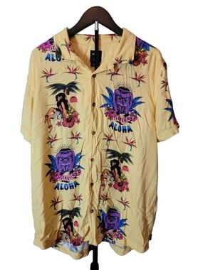 RVCA Yellow Hawaiian Button-Up Shirt with Purple Tiki Print - Size Large